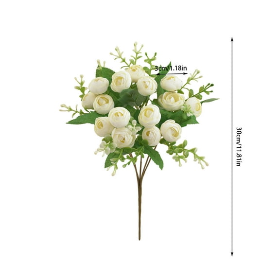Peonies Artificial Flowers, Small Silk Flowers for Home Decor Indoor 15 Bundles Fake Bouquet Faux Floral Arrangements Dining Table Centerpieces for Kitchen Bridal Wedding Party Decor, White
