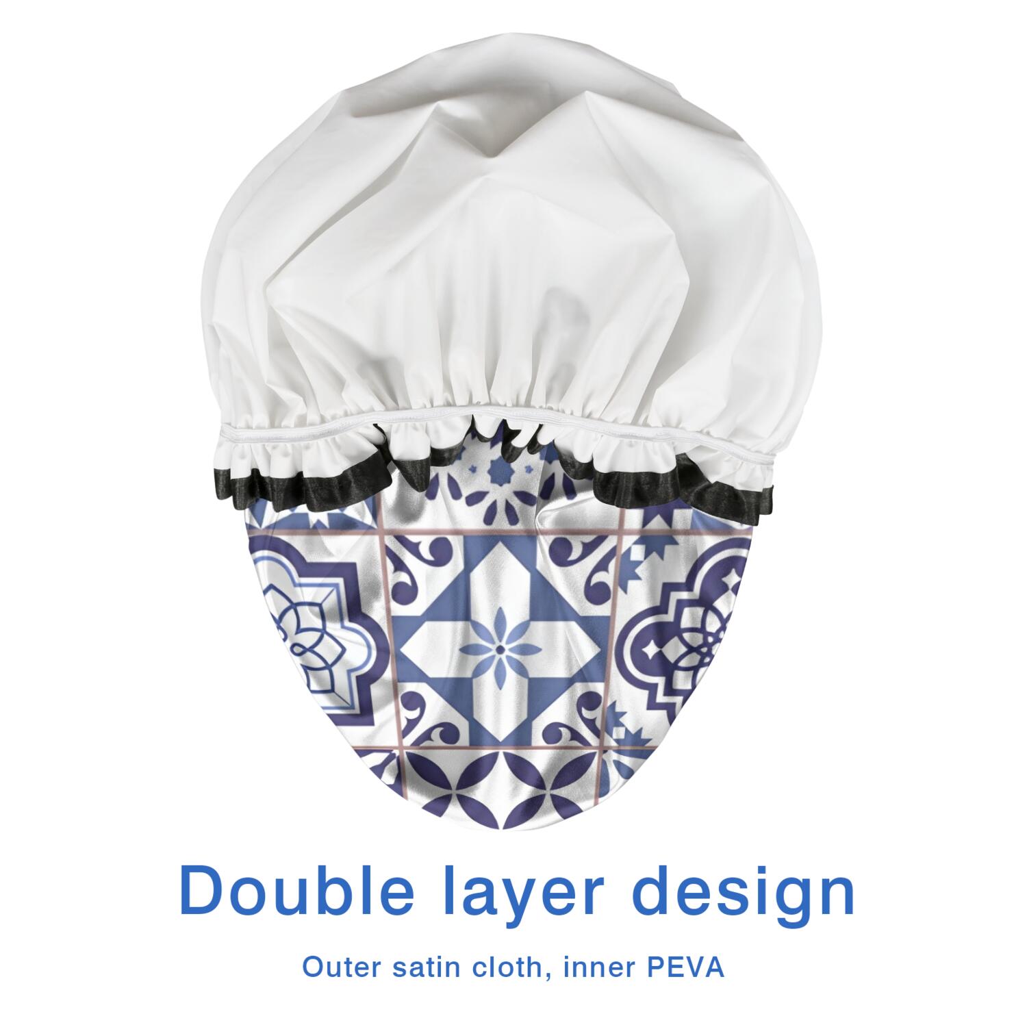 Shower Caps,Blue Ethnic Geometric Patchwork Pattern Waterproof Shower Cap for Women 4 Pieces,Double Reusable Hair Cover for Shower PEVA Elastic Stretch Hem