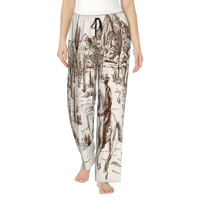 Fotbe Western Desert Cowboys3 Pantalones de Pijama para Mujer, Pantalones de Dormir, Pantalones Pj con Cordón y Bolsillos-Medium