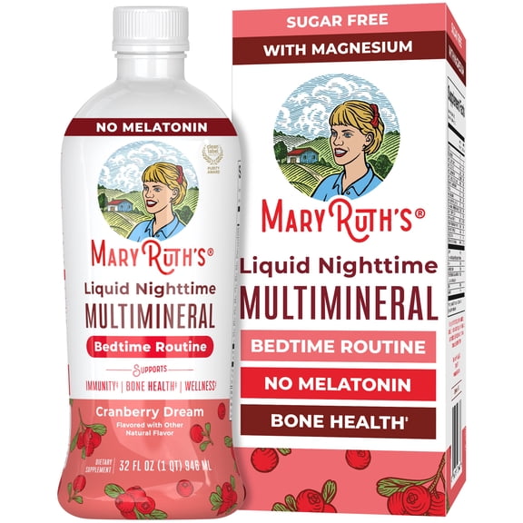 MaryRuth's Nighttime Multimineral Supplement, Magnesium for Sleep Support, Vegan, Gluten-Free, Cranberry Flavor, 32 fl oz