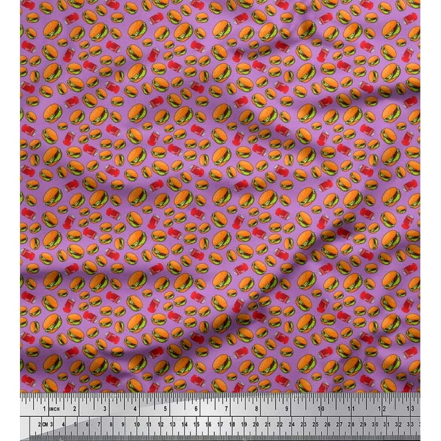 Soimoi Japan Crepe Satin Fabric Coke & Burger Food Print Sewing Fabric Yard 42 Inch Wide