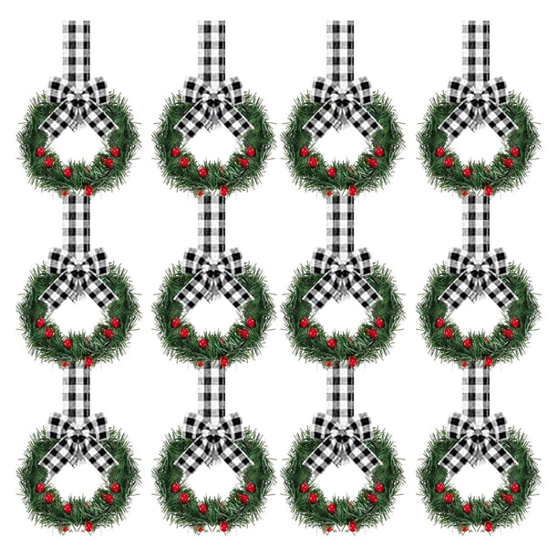 12 mini guirnaldas navideñas para gabinetes | Decoración navideña de 9 cm con lazo de bayas | Decoraciones de cocina fáciles de colgar para un ambiente festivo