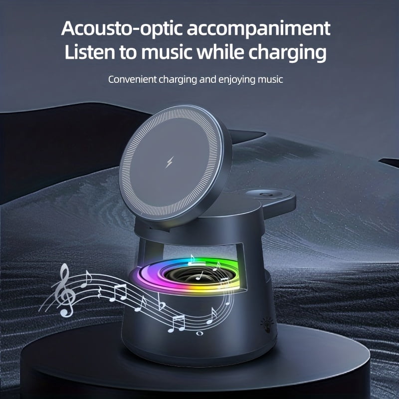 5-in-1 Magnetic Wireless Charger Stand with 15W Fast Charging, LED Night Light & Home Hub - for iPhone 17/16/15/14 Pro Max Mini, Apple Watch 9/8/7/SE/6/5/4/3/2, Airpods 3/2/pro - USB-powered