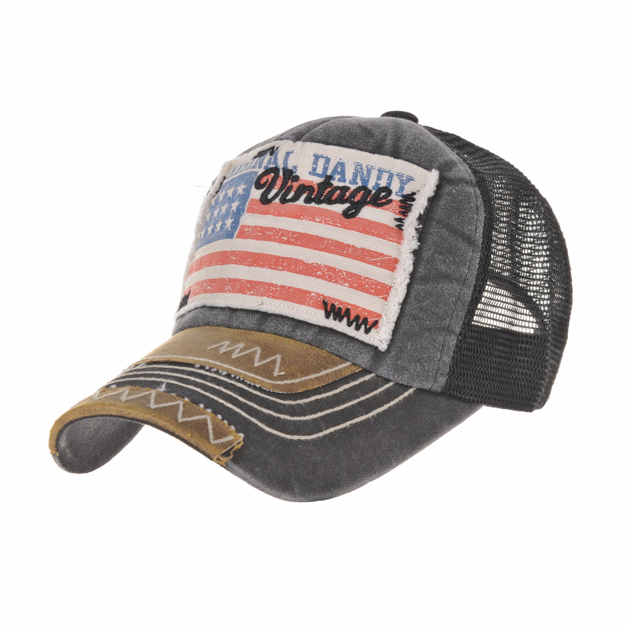 Vintage Style Distressed Trucker Hat with American Flag Patch 