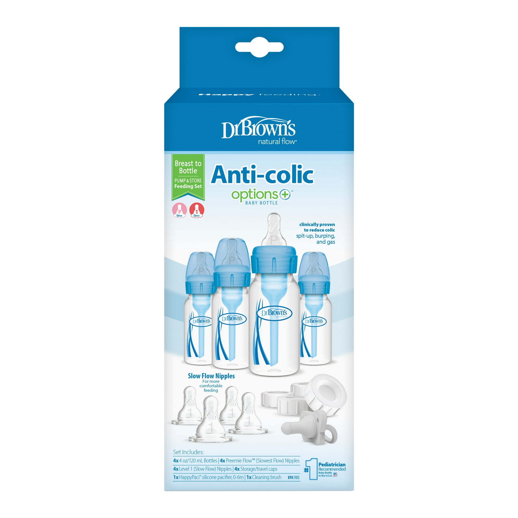 Dr. Brown's Natural Flow Anti-Colic Options+ Narrow Breast to Bottle Feeding Set, Blue, 4oz, 4 Pack