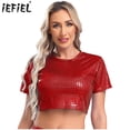 thumbnail image 2 of Camiseta de manga corta con cuello redondo para mujer, Top corto a cuadros metálico, ropa de baile en barra puesta en escena, disfraz de fiesta Rave, 2 of 5