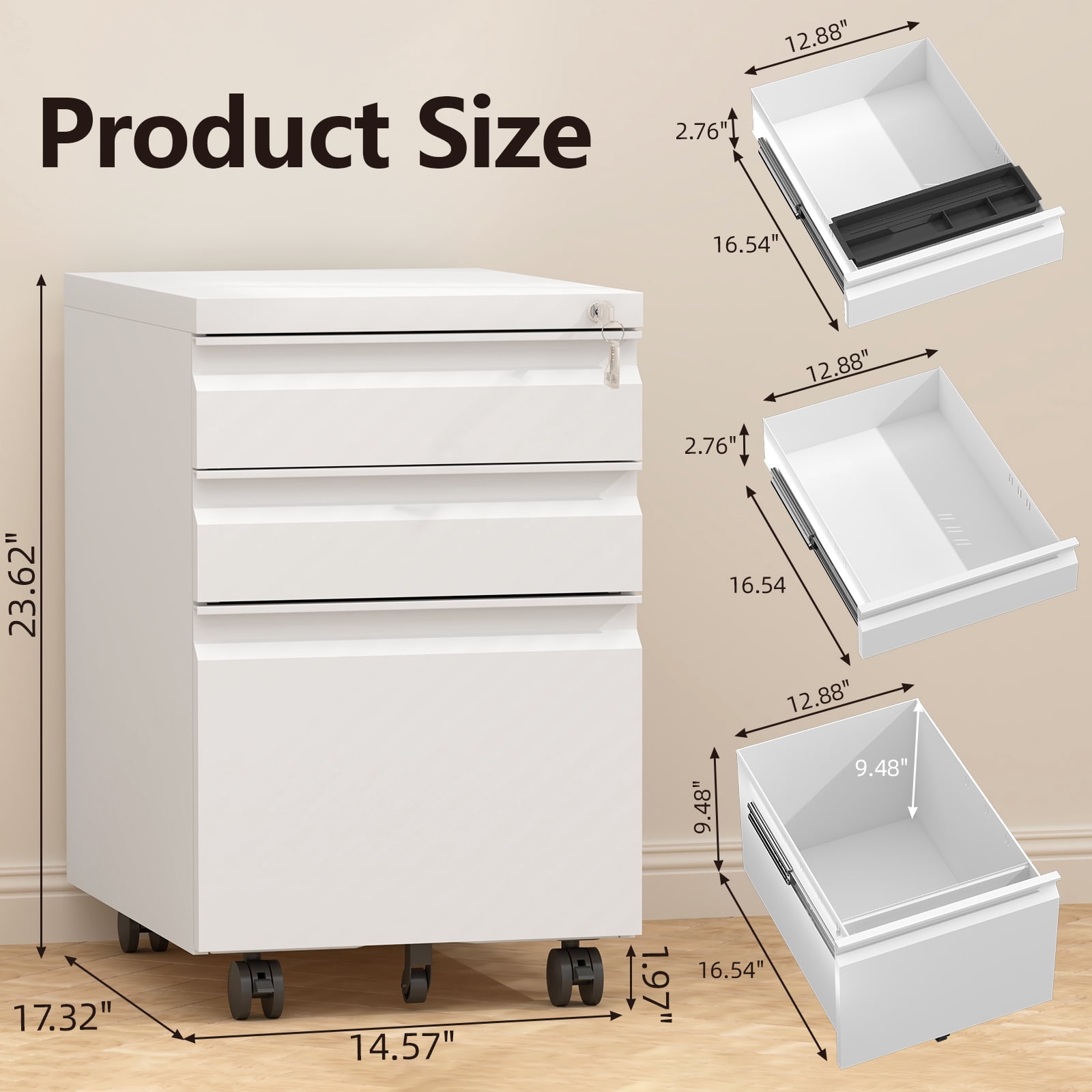 NICEGDLT 3 Drawer File Cabinet on Wheels,25.6" H White Filing Cabinet with Lock,Under Desk Metal File Cabinet for Home Office Organizer Letters/Legal/A4(Fully Assembled)