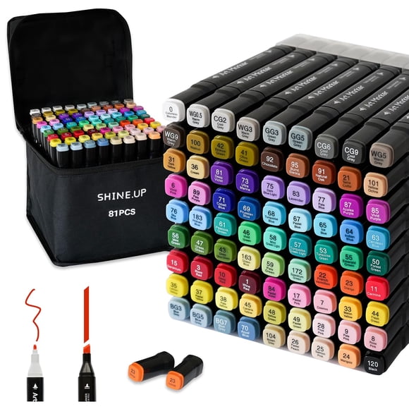 Marcador de alcohol SHINE.UP, 80 colores, doble punta y juego de batidora