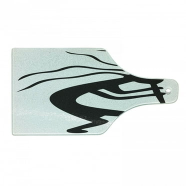 Kokopelli Cutting Board, Monochrome Minimalistic Tribal Musical and Fertility Cultural Folk Art, Decorative Tempered Glass Cutting and Serving Board, in 3 Sizes, by Ambesonne
