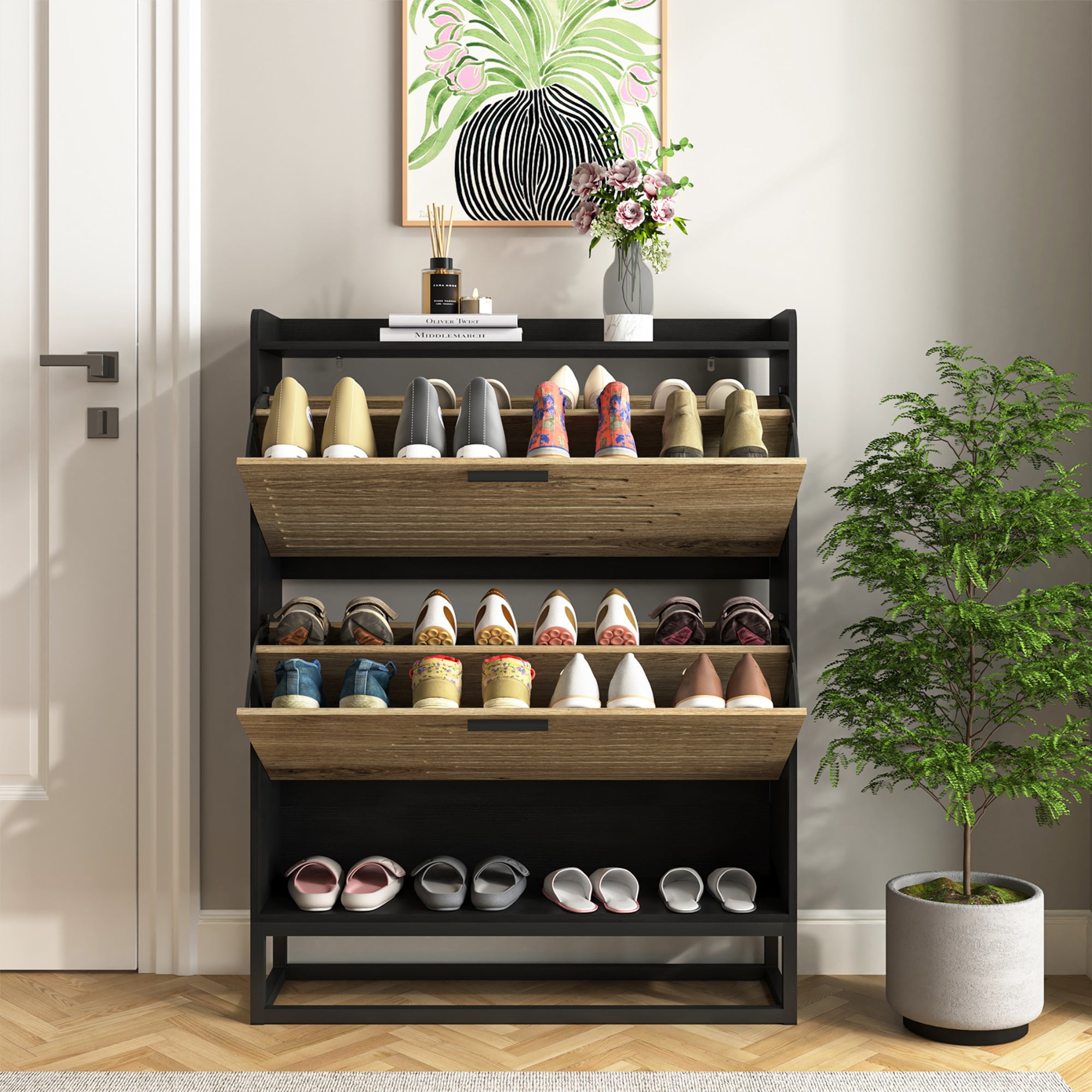 Finihen Shoe Cabinet, 2-Tier Shoe Storage Cabinet with Flip Doors, Vintage Entryway Shoe Organizer Rack with Open Shelves for Narrow Closet, Living Room, Black Finihen Shoe Cabinet, 2-Tier Shoe Storage Cabinet with Flip Doors, Vintage Entryway Shoe Organizer Rack with Open Shelves for Narrow Closet, Living Room, Black