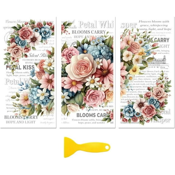 Rub on Transfer Decal Sticker for Furniture Craft Decor 6"x12" Big Angled Flowers and Shading 3Pcs Waterproof UV DTF Transfer for Drawer Dresser Glass Porcelain Wood Plastic