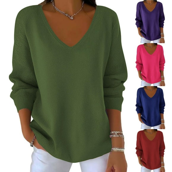 Feancey Chandails d'Automne pour Femmes Grande Taille Manches Longues Col en V Hauts Tricot Côtelé Décontracté Ample Chandail Tendance Sorties Chemisiers Uni Chandail Tricoté Violet m