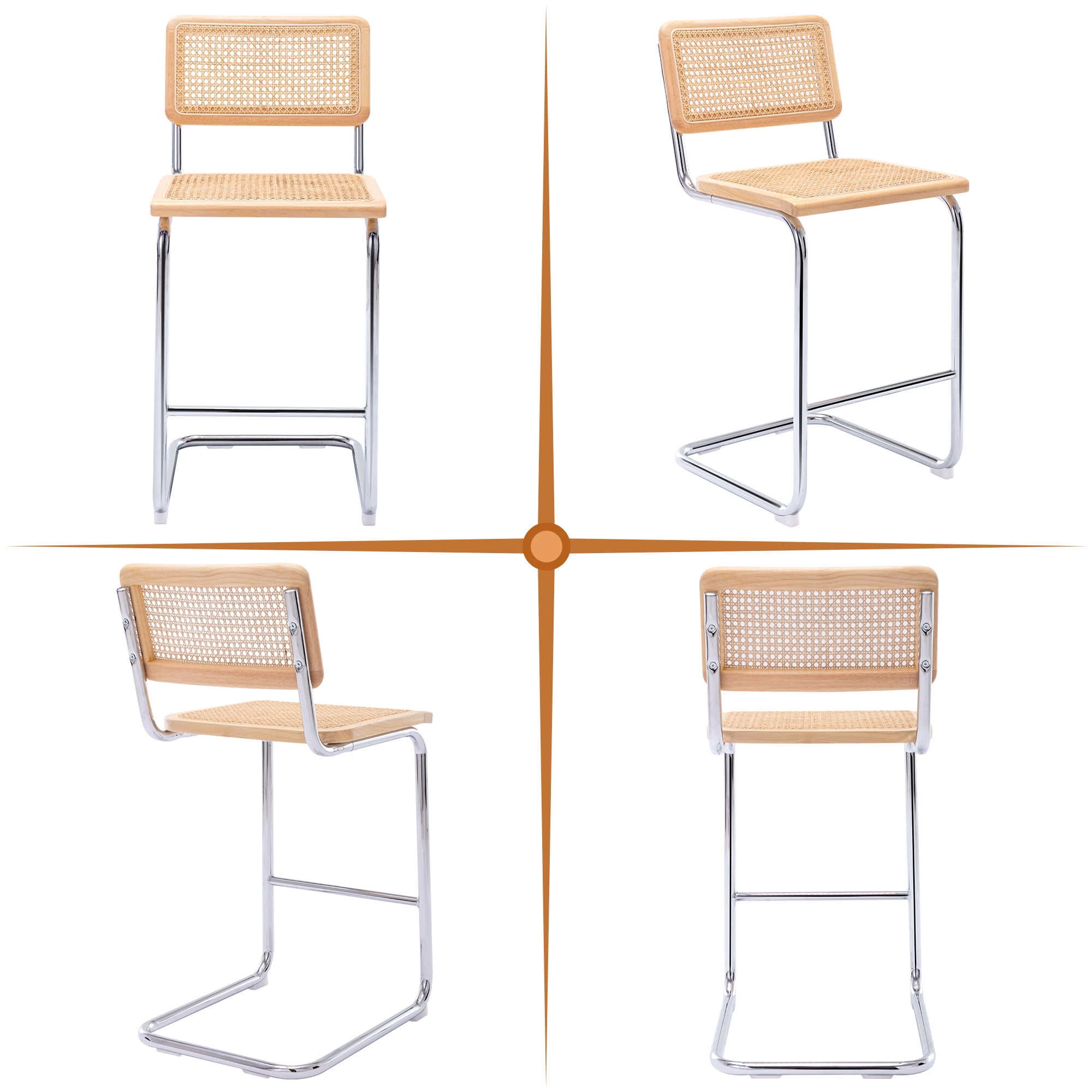 Zesthouse Rattan Counter Height Bar Stools Set of 2, 24.8" Counter Height Chairs with Cane Back, Mid Century Modern Barstools for Kitchen Island, Natural