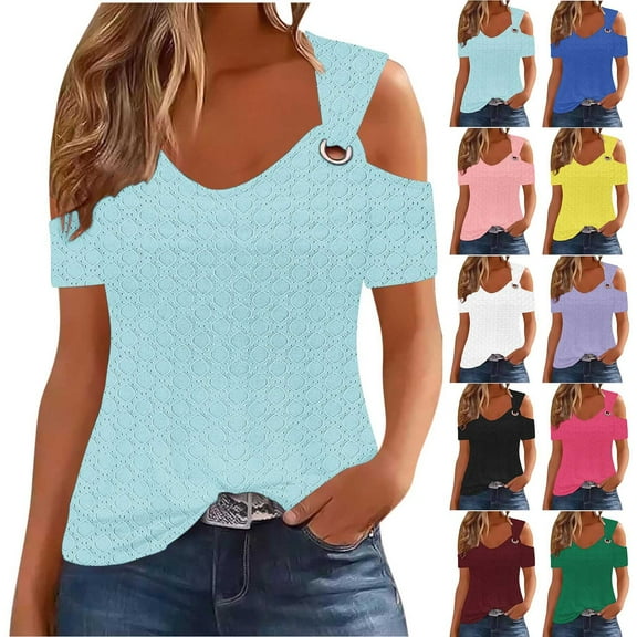 Simua Womens Summer Tops V-Neck O Ring Cold Shoulder Tank Tops Casual Short Sleeve T-shirt Blouse