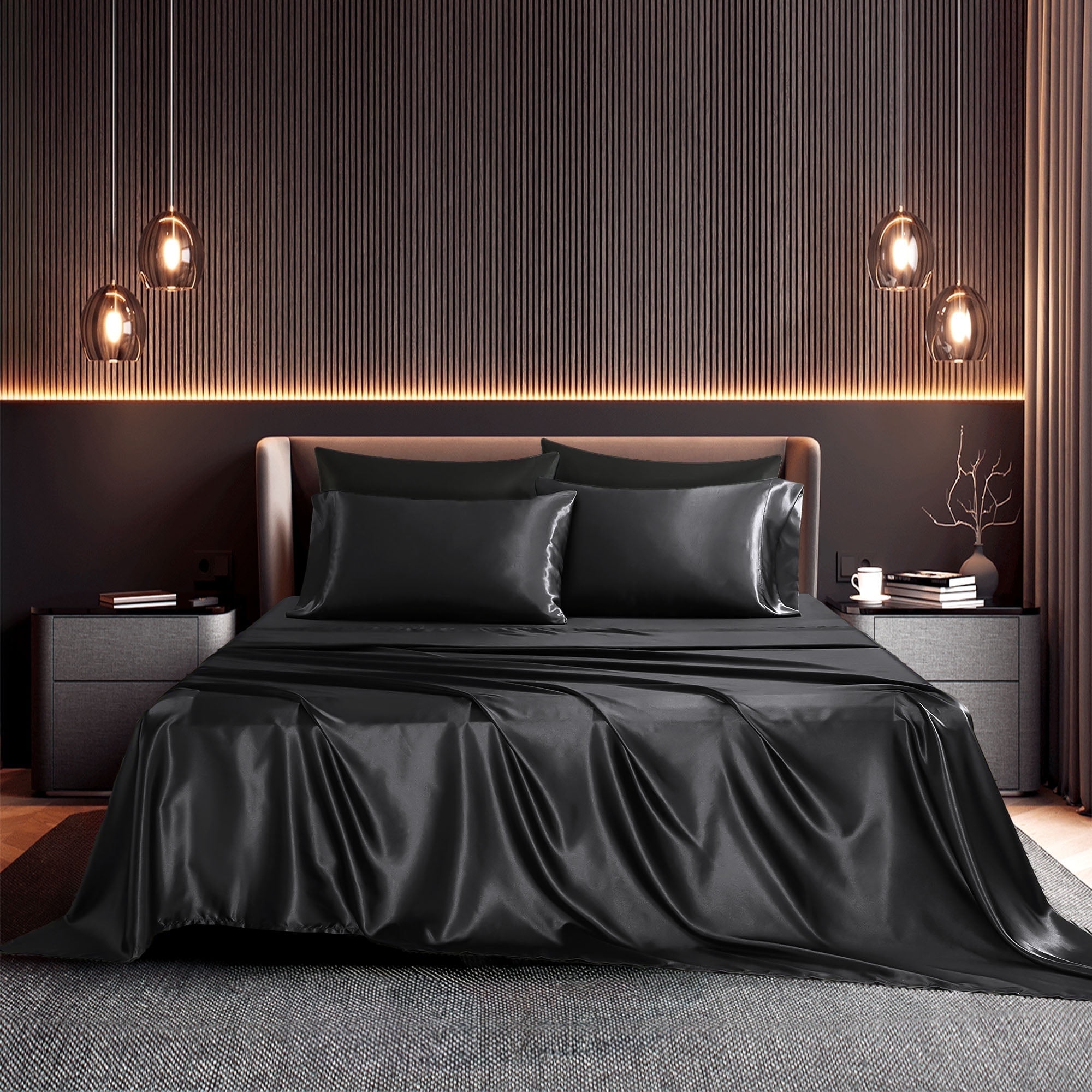 Seasonwood Satin Sheet Set, Queen, Silky Bed Sheets, 4 Pieces,Black
