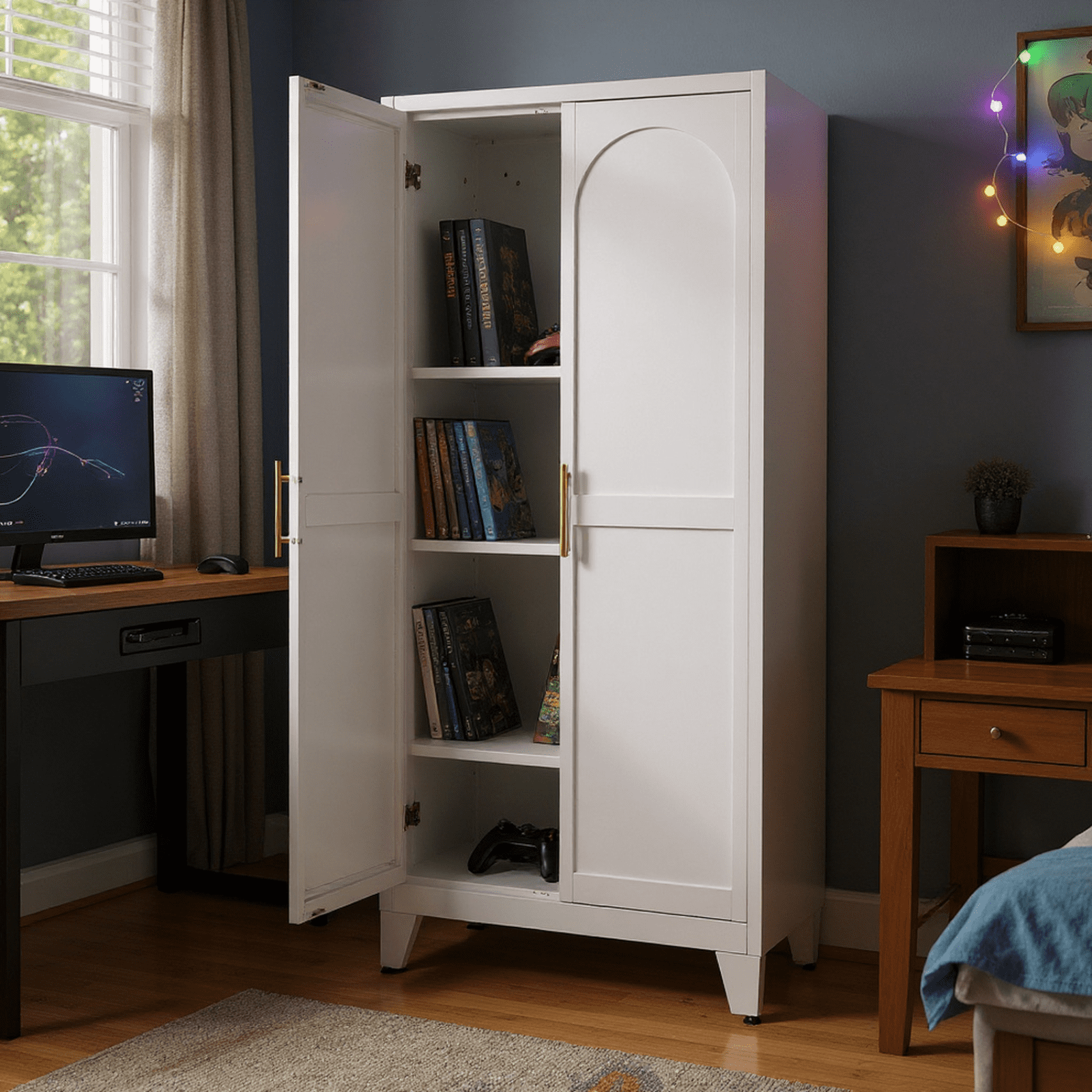 Homy Casa Media Storage Cabinet with Adjustable Shelves, 2-Door Tall Storage Organizer for CDs, Games