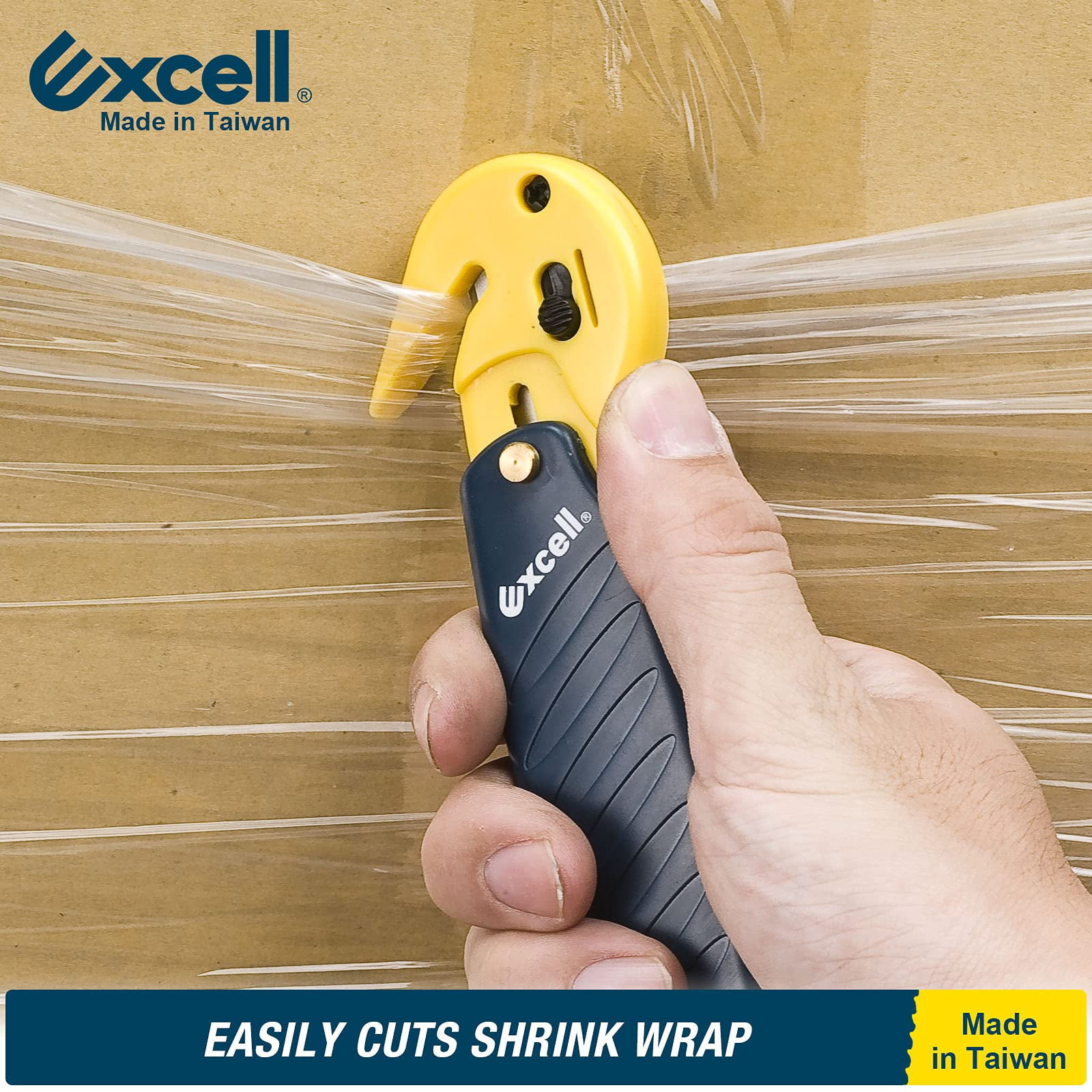 Excell Stretch Film Cutter with Carton Opener, Ergonomic Film Cutting Blade Safe and Efficient Cutting for Cryovac, Plastic Bags, Shrink Wrap, Box, Straps (W/Carton Opener)