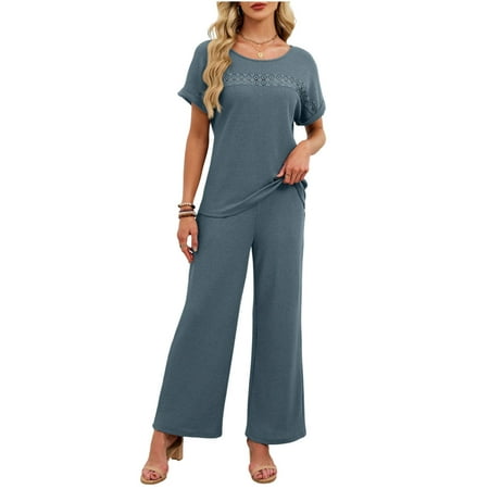 MOJOGO Women Ribbed Pajamas Comfort Texture Crewneck Short Sleeve Blouse Wide Pants Comfy Matching Lounge Set for Summer Blue M