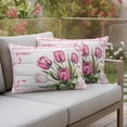 thumbnail image 4 of Romantic Tulips Pillow Covers 2 Pack Rustic Floral Leaf Pink Ribbon Plaid Wood Grain Pillowcase Waterproof Outdoor Throw Pillow Cover for Patio Balcony Rectangular Cushion 20”x12”, 4 of 9