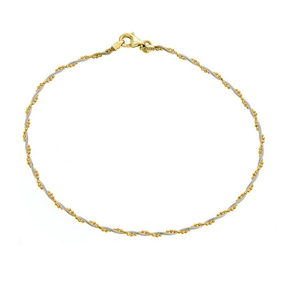 Sterling Silver Two-Tone Yellow and White Twisted Snake Bead Italian Foot Chain Anklet 10"