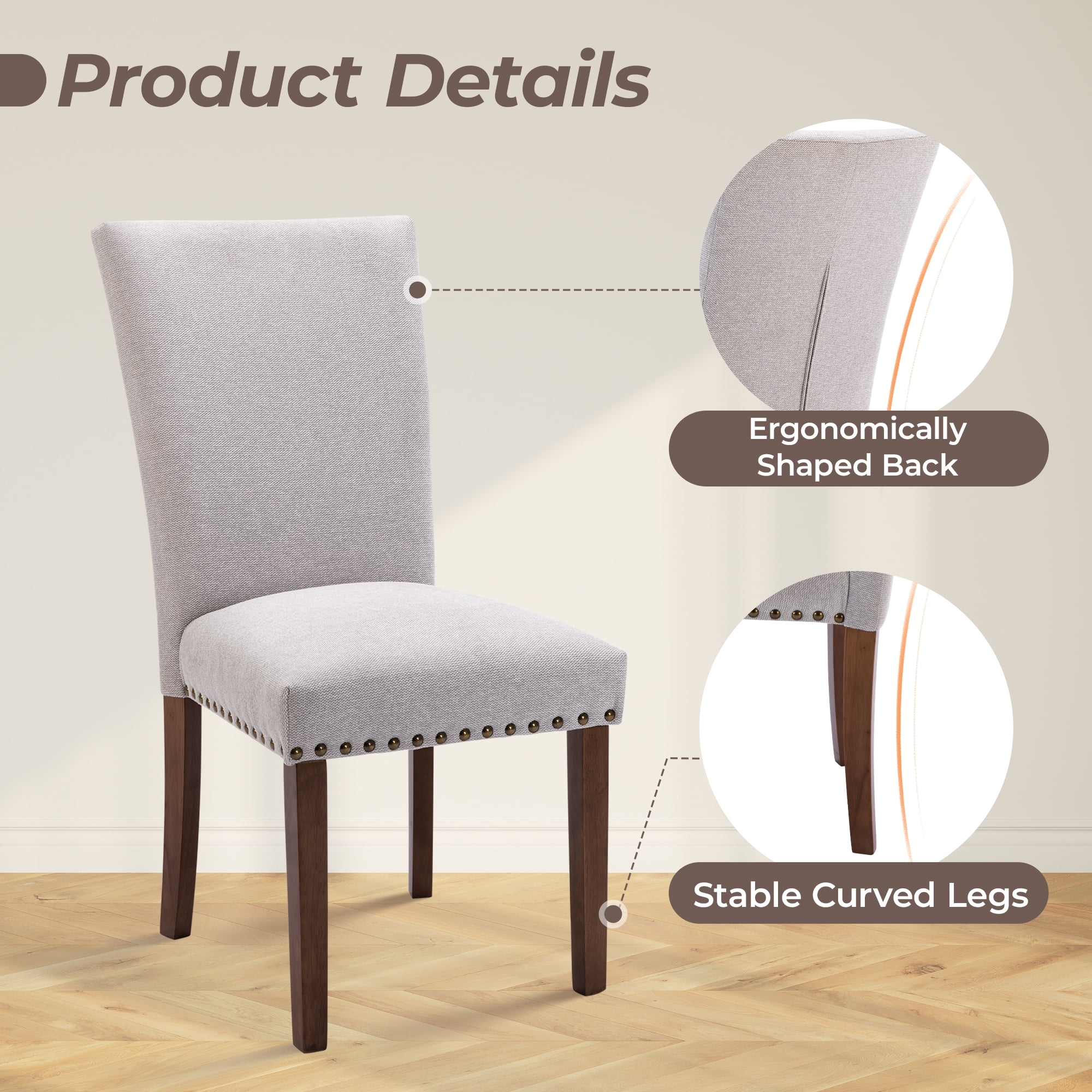 Mid-Century Fabric Dining Chairs Set of 6 with Nailhead Detail and Wooden Legs, Upholstered Side Chairs for Kitchen and Dining Room – Lightgrey