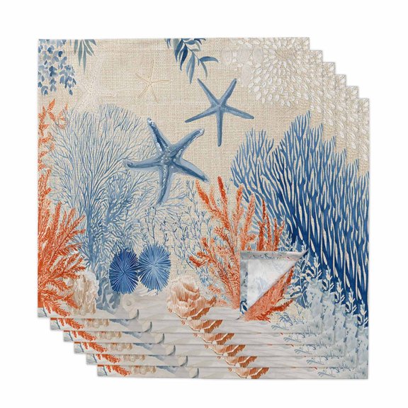 Navy Blue Starfish Coastal Cloth Napkins, Nautical Coral Summer Beach Ocean Washable and Reusable Dinner Napkins Set of 6, Table Napkin for Kitchen Party Birthday Wedding Hotel Housewarming 20"x20"