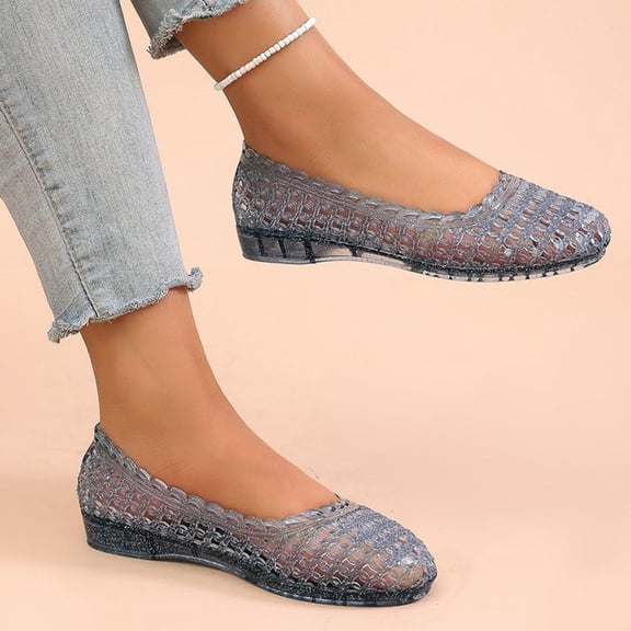 Domuza jelly sandals for women, Glitter Hollow Out Closed Toe Slip-On Flats, Breathable Water Shoes for Beach Summer Casual Wear Black 7(EU-38)