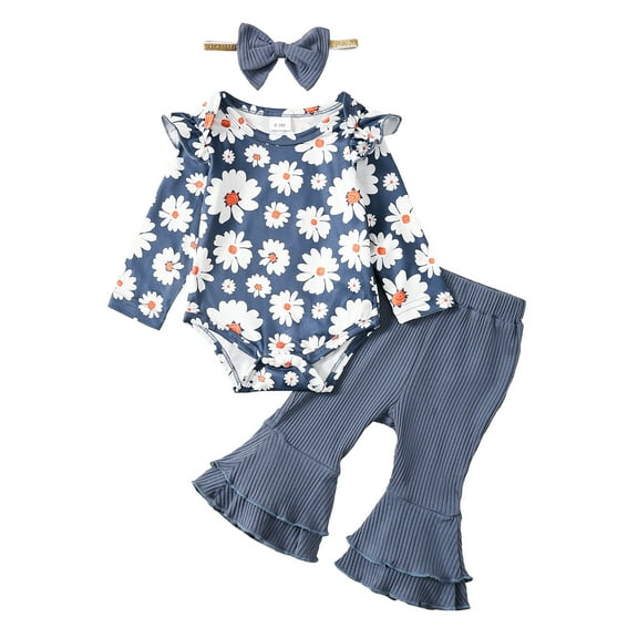 Newborn Baby Girls Clothes Baby Girls Outfits Newborn Girls Long Sleeve Floral Romper Top Pants Headband 3PCS Set Blue 3-6 Months