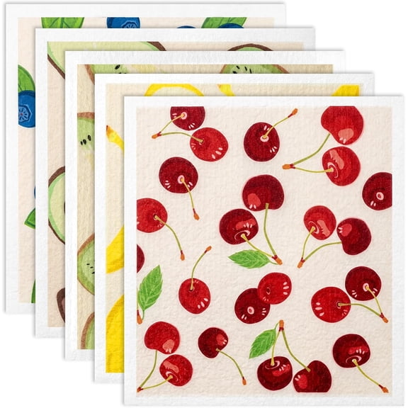 5-Pack Swedish Dishcloths – 2026 New – Soft Absorbent Reusable Paper Towels – Washable, Quick Drying, Dishwasher Safe – 8"x7" Each – Multi-Color Fruit Patterns – Eco-Friendly