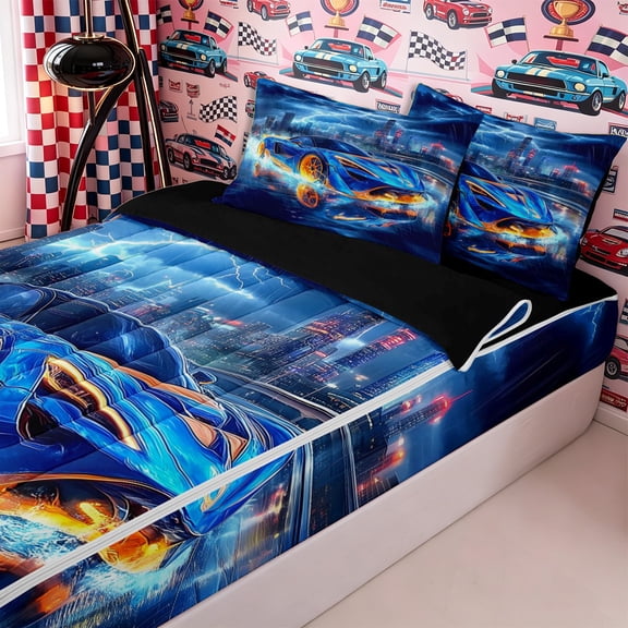 Homewish Blue Fast Car Zipper Twin Comforter Sets with Fitted Sheet and 2 Pillowcases,Car Theme Zipper Bedding Set for Teens,4-Piece,Black Reversible