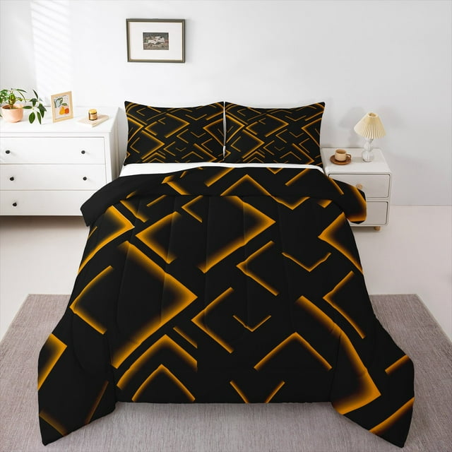 Manfei Orange Neon Light Bedding Comforter Set, Geometric Minimalist Twin Comforter Sets, Black Reversible Bedding Set, Microfiber Bedroom Decor 2pcs