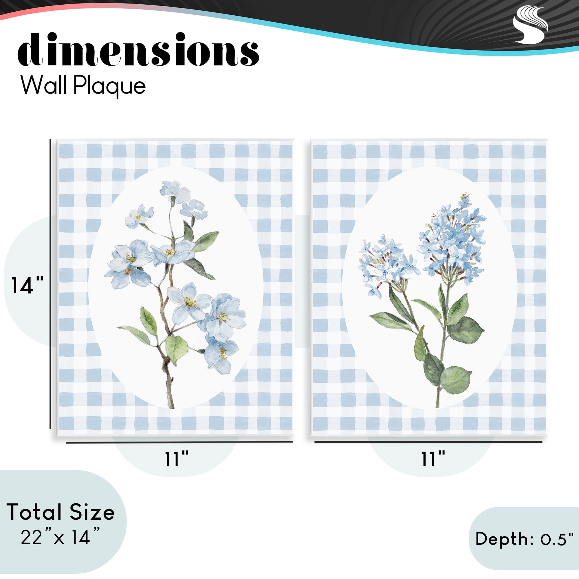 Stupell Industries Blooms on Blue Checkered 2 Piece Wall Plaque Art Set, design by Lanie Loreth