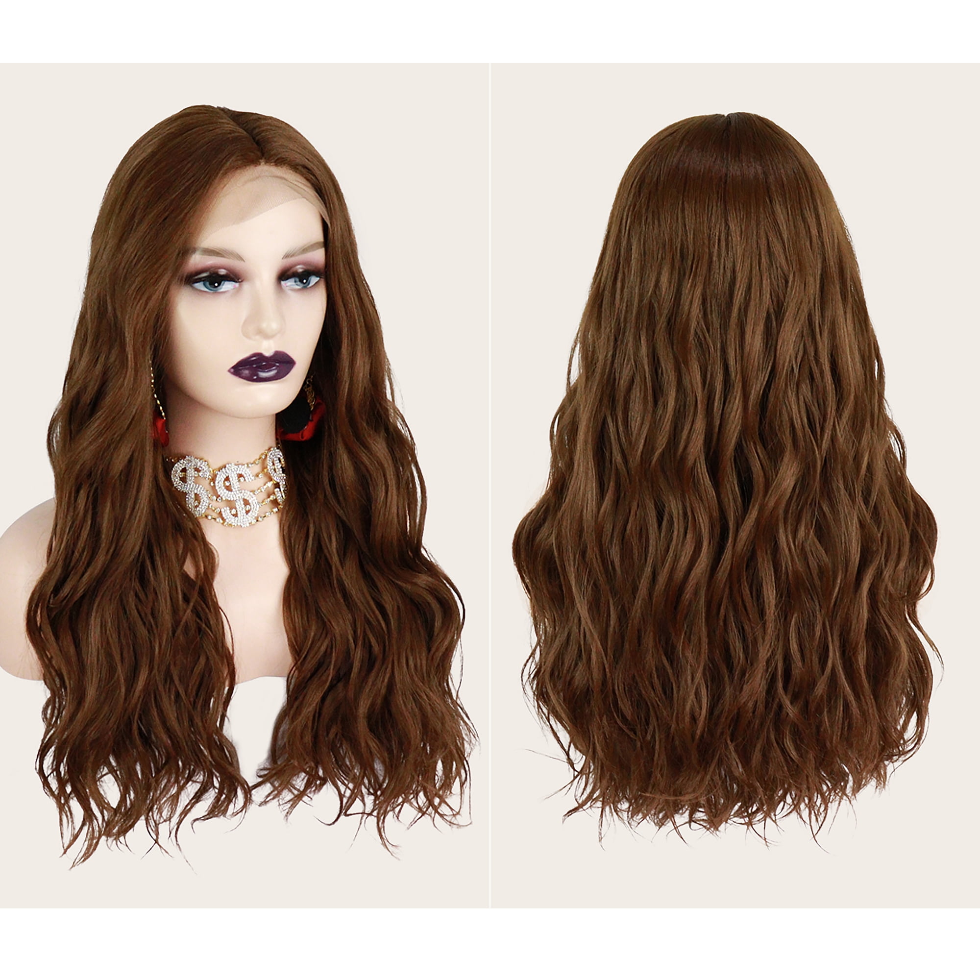 Unique Bargains Lace Front Wigs Long Body Wave with Comb Light Brown