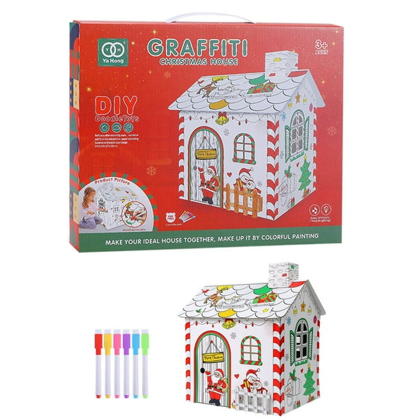 Oficina y papelería Casa de juegos navideña DIY Fácilmente plegable para guardar Casa para colorear para niños Fortaleza Actividades familiares Colorea tus propias manualidades (6 ml) Rompecabezas par