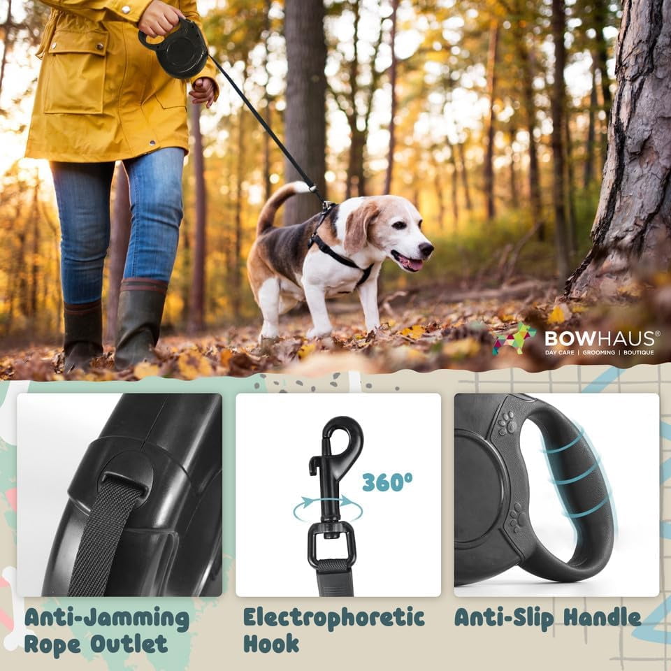 BOWHAUS Heavy Duty Retractable Dog Leash with One-Handed Brake, Pause, Lock, No Noise Pet Walking Leash for Tangle-Free Dog Walking, Not Easy to Jam, with Non-Slip Handle