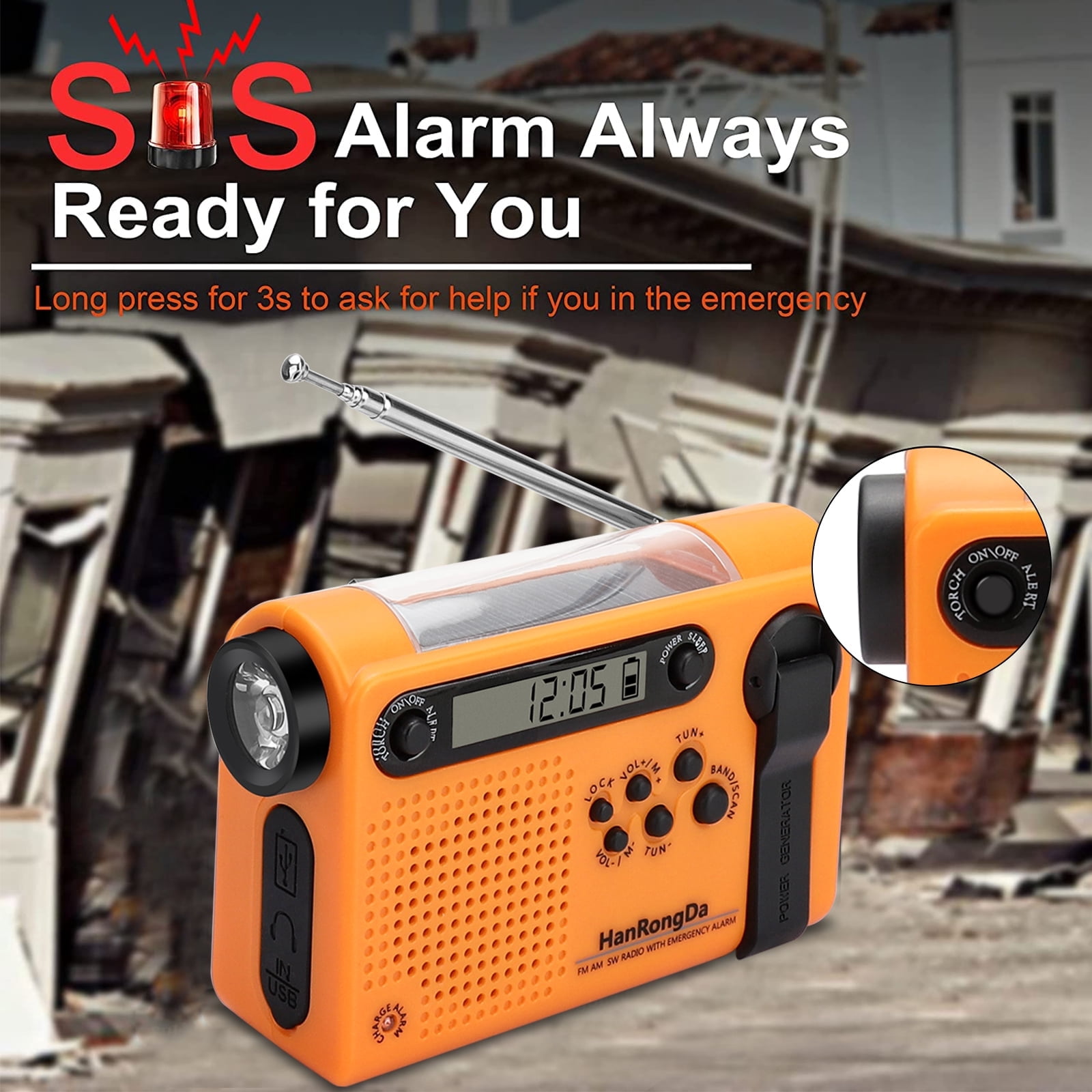 NOAA Weather Radio, AM FM WB Portable Hand Crank Solar Emergency Radio with SOS Alarm, LED Flashlight, LCD Display, Cell Phone Charger for Camping Hiking Traveling