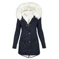 thumbnail image 2 of Juebong Women's Long Winter Puffer Coat Warm Thicken Fleece Lined Down Jacket Long Sleeve Windproof Hooded Parka Outerwear Navy,XS, 2 of 3