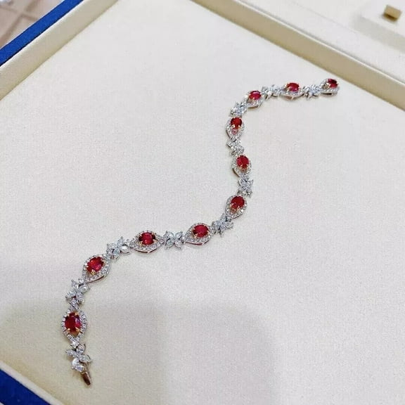 Hitanshu Jewels Oval Cut Red Cubic Zirconia For Women's Tennis Bracelet 14K White Gold Plated