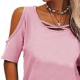 thumbnail image 3 of Camiseta de manga corta de color puro para mujer Blusa de manga corta de color liso transpirable holgada con hombros descubiertos, 3 of 6