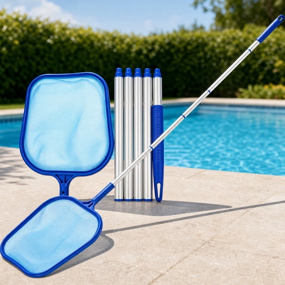 Pool Skimmer Net with Pole, 63 Inch 5 Section Aluminum Handle Leaf Rake, Detachable Fine Mesh Cleaning Tool for Swimming Pool Hot Tub Spa