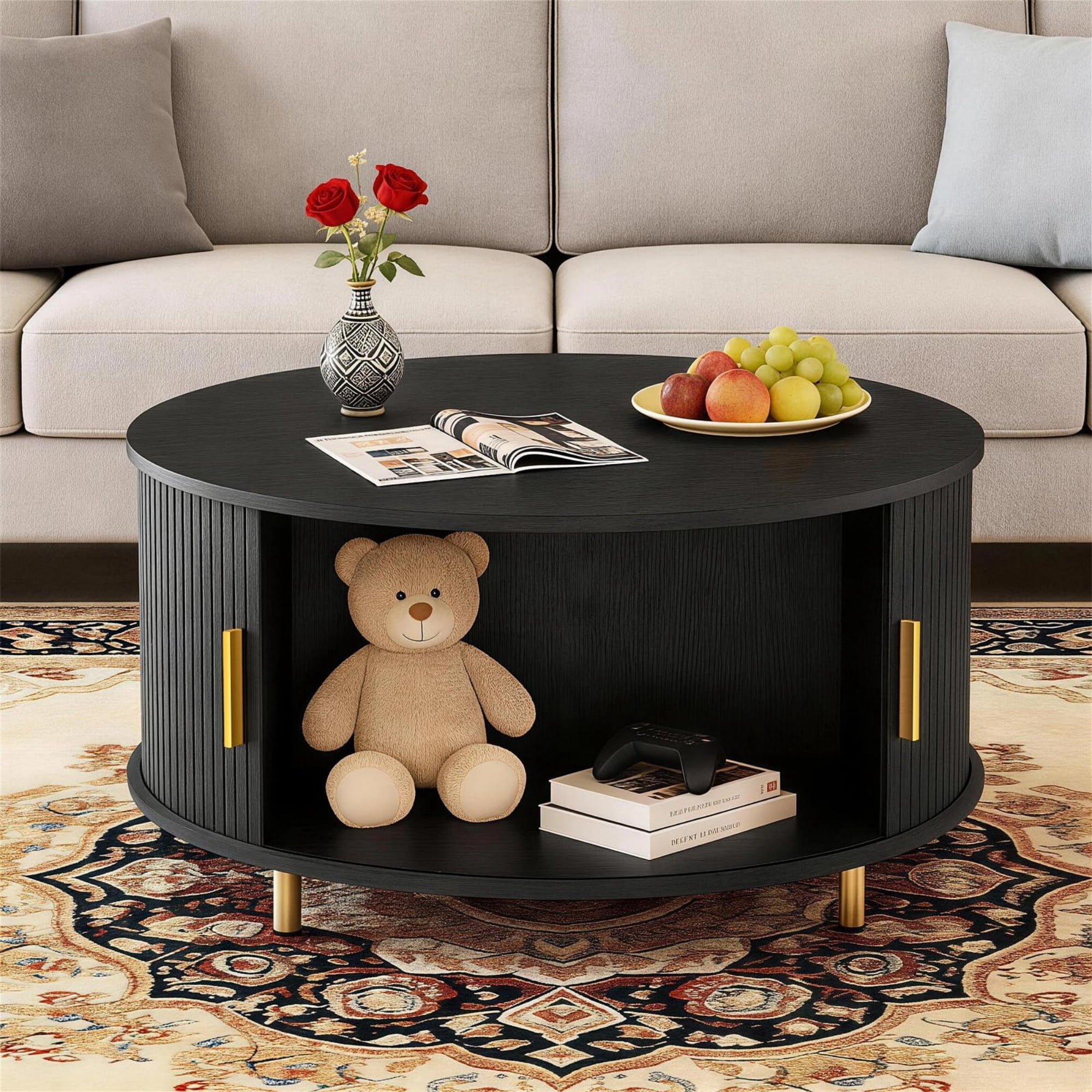 31.5" Round Coffee Table, Mid Century Modern Fluted Coffee Table with 360° Sliding Tambour Door & Storage, Black
