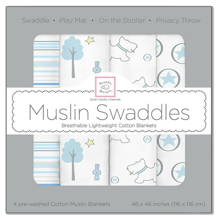 - SwaddleDesigns Cotton Muslin Swaddle Blankets, Set of 4, Blue Forest