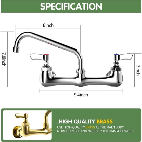 TOLSUNY Wall Mount Kitchen Faucet with 8-inch Swivel Spout