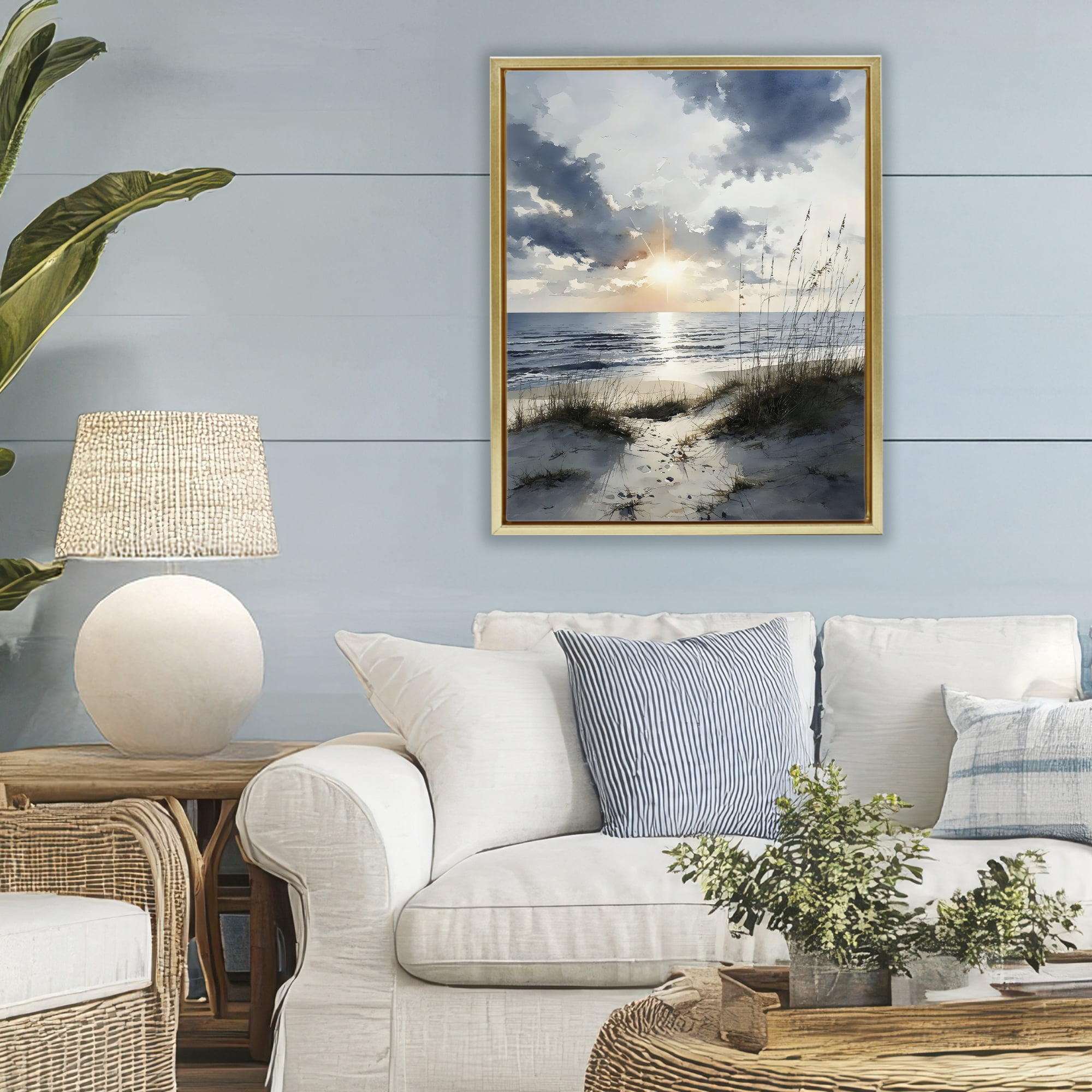 Stupell Industries Ocean Sunrise over Sandy Dunes Gold Framed Floater Canvas Wall Art, design by Franklyn Gregory