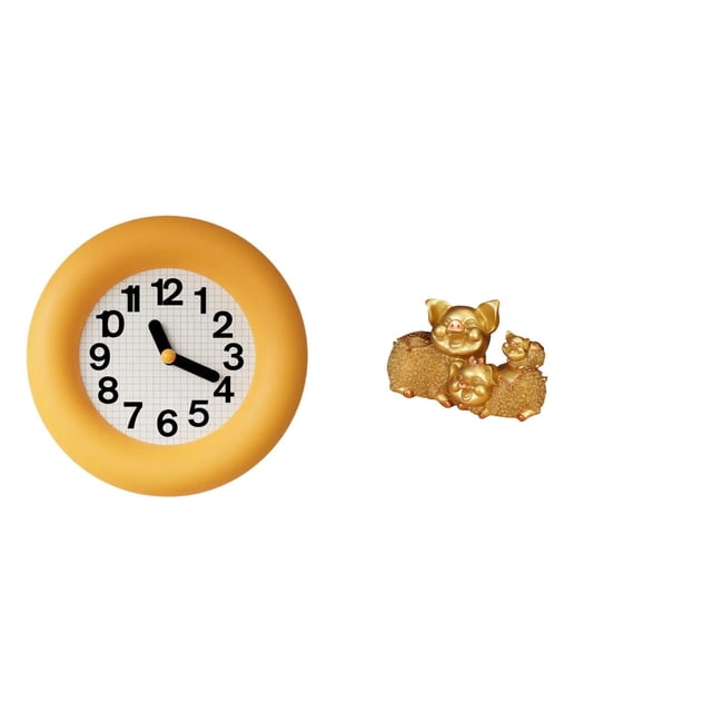 Reloj de pared redondo moderno y silencioso para dormitorio. Figura de cerdo, estatua de resina y madera, coleccionable para escritorio, ideal para la