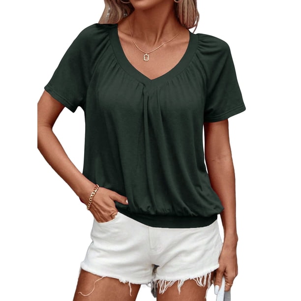 Camisetas Casuales de Verano para Mujer, Camisetas de Corta con Cuello en V, Verde Oliva, Talla M