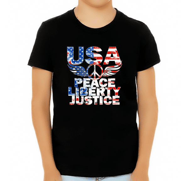 4th of July Shirts for Boys USA Shirt Patriotic Shirts for Boys Peace Liberty Justice American Flag Shirt