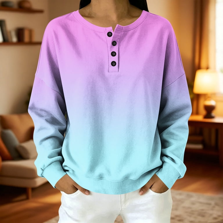 Qgtaibl Womens Long Sleeve Henley Sweatshirts Fashion Gradient Color ...