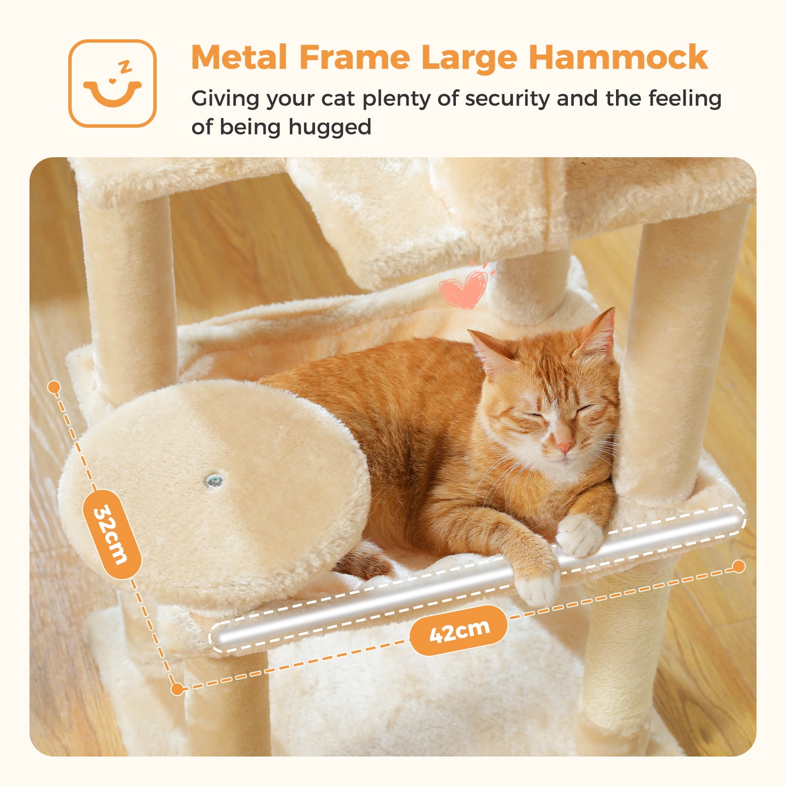 Pefilos 44" Cat Tree Tower for Indoor Cats, 5-Level Cat Condo with Large Hammock, Big Top Perch and 4 Sisal Covered Scratching Pos, Beige