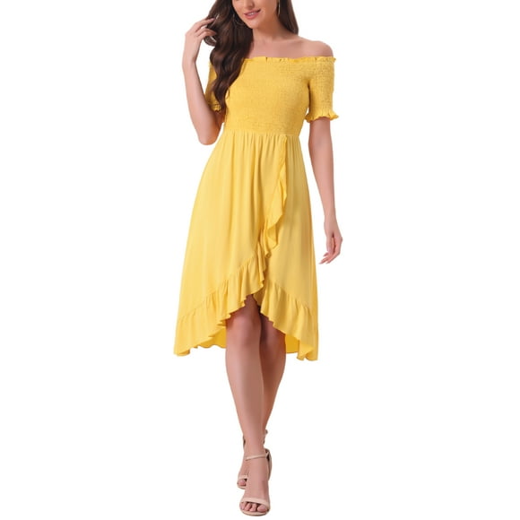 INSPIRE CHIC Summer Smocked Dresses for Women's Off the Shoulder Ruffle Hem Midi Dress M Yellow